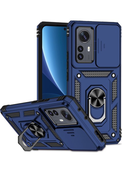 Xiaomi 12 Pro Için Halka Ayaklı ve Kayar Kamera Kapaklı Telefon Kılıf - Mavi (Yurt Dışından)