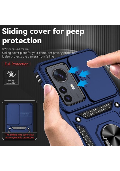 Xiaomi 12 Pro Için Halka Ayaklı ve Kayar Kamera Kapaklı Telefon Kılıf - Mavi (Yurt Dışından)