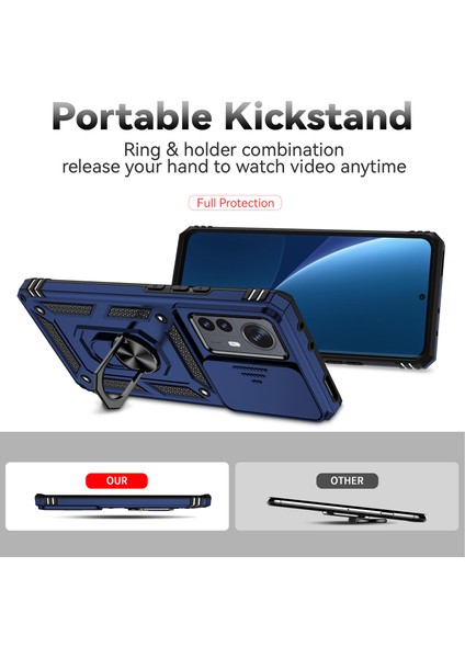 Xiaomi 12 Pro Için Halka Ayaklı ve Kayar Kamera Kapaklı Telefon Kılıf - Mavi (Yurt Dışından)