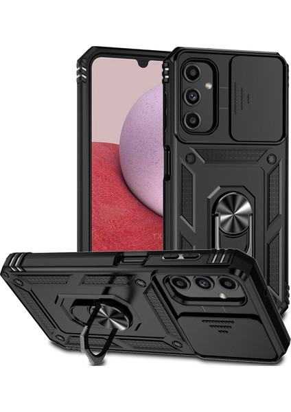 Samsung Galaxy A14 5g Için Halka Ayaklı ve Kayar Kamera Kapaklı Telefon Kılıf - Siyah (Yurt Dışından)