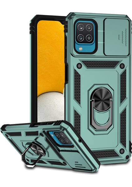 Samsung Galaxy A12 Için Halka Ayaklı ve Kayar Kamera Kapaklı Telefon Kılıf - Yeşil (Yurt Dışından)