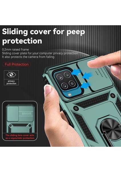 Samsung Galaxy A12 Için Halka Ayaklı ve Kayar Kamera Kapaklı Telefon Kılıf - Yeşil (Yurt Dışından) fiyatları
