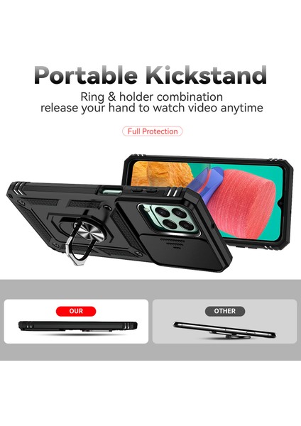 Samsung Galaxy M33 Için Halka Ayaklı ve Kayar Kamera Kapaklı Telefon Kılıf - Siyah (Yurt Dışından)