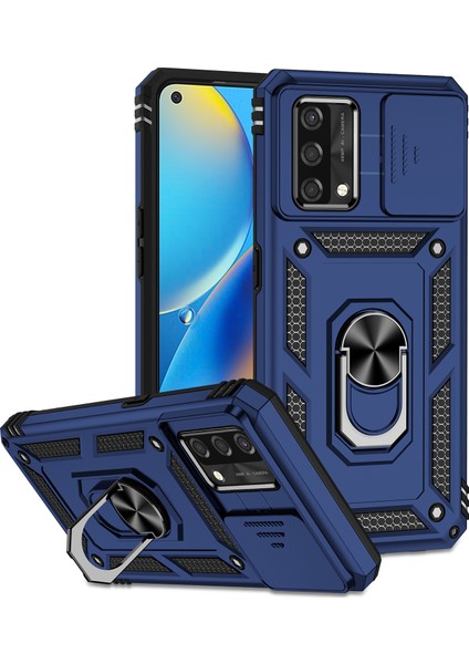 Oppo A74 4g / F19 Için Halka Ayaklı ve Kayar Kamera Kapaklı Telefon Kılıf - Mavi (Yurt Dışından)