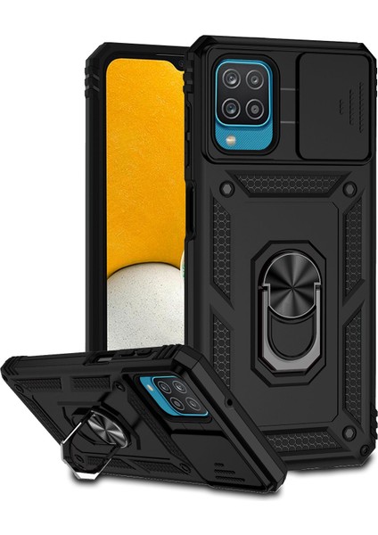 Samsung Galaxy A12 Için Halka Ayaklı ve Kayar Kamera Kapaklı Telefon Kılıf - Siyah (Yurt Dışından)
