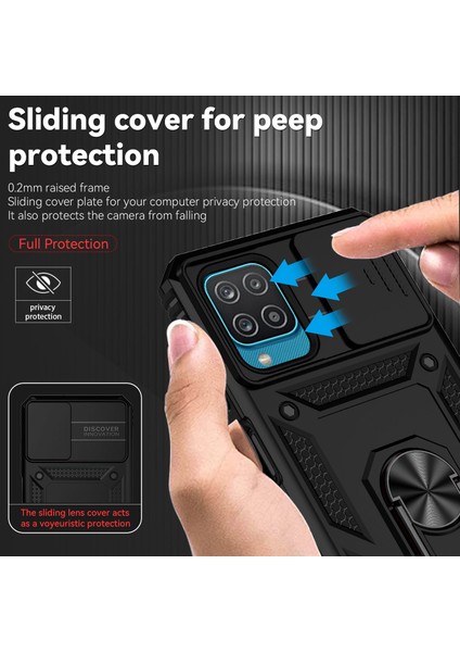 Samsung Galaxy A12 Için Halka Ayaklı ve Kayar Kamera Kapaklı Telefon Kılıf - Siyah (Yurt Dışından) fiyatları