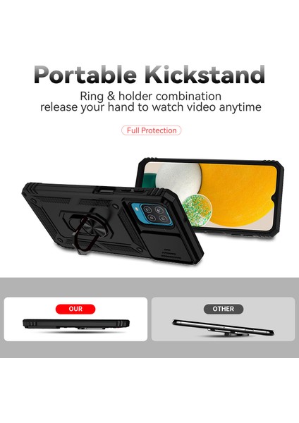 Samsung Galaxy A12 Için Halka Ayaklı ve Kayar Kamera Kapaklı Telefon Kılıf - Siyah (Yurt Dışından) indirimleri