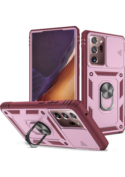 Samsung Galaxy Note 20 Ultra Için Kayar Lens Koruyucu Halka Standlı Telefon Kılıfı - Kırmızı / Pembe (Yurt Dışından)