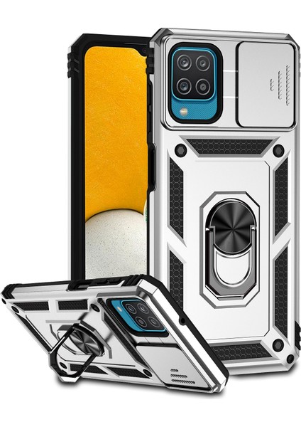 Samsung Galaxy A12 Için Halka Ayaklı ve Kayar Kamera Kapaklı Telefon Kılıf - Gümüş (Yurt Dışından)