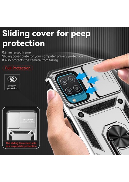 Samsung Galaxy A12 Için Halka Ayaklı ve Kayar Kamera Kapaklı Telefon Kılıf - Gümüş (Yurt Dışından) fiyatları