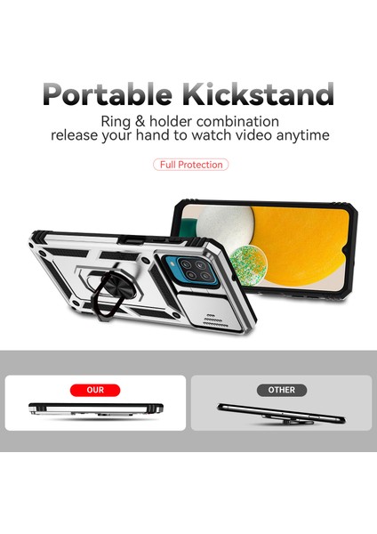 Samsung Galaxy A12 Için Halka Ayaklı ve Kayar Kamera Kapaklı Telefon Kılıf - Gümüş (Yurt Dışından) indirimleri