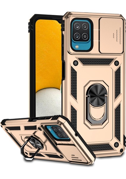 Samsung Galaxy A12 Için Halka Ayaklı ve Kayar Kamera Kapaklı Telefon Kılıf - Altın (Yurt Dışından)