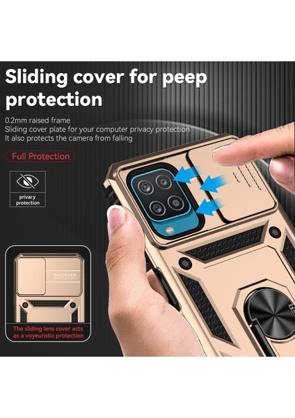 Samsung Galaxy A12 Için Halka Ayaklı ve Kayar Kamera Kapaklı Telefon Kılıf - Altın (Yurt Dışından) fiyatları