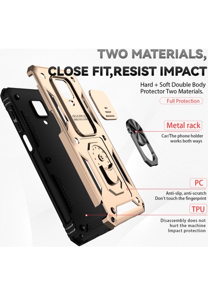 Xiaomi Redmi Note 9s/9 Pro/9 Pro Max Için Halka Ayaklı ve Kayar Kamera Kapaklı Telefon Kılıf - Altın (Yurt Dışından)