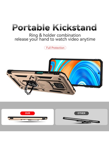 Xiaomi Redmi Note 9s/9 Pro/9 Pro Max Için Halka Ayaklı ve Kayar Kamera Kapaklı Telefon Kılıf - Altın (Yurt Dışından)