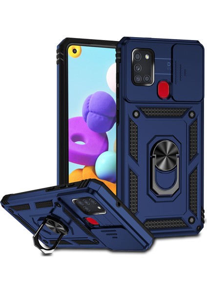 Samsung Galaxy A21S Için Halka Ayaklı ve Kayar Kamera Kapaklı Telefon Kılıf - Mavi (Yurt Dışından)