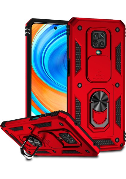 Xiaomi Redmi Note 9s/9 Pro/9 Pro Max Için Halka Ayaklı ve Kayar Kamera Kapaklı Telefon Kılıf - Kırmızı (Yurt Dışından)
