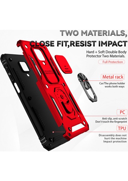 Xiaomi Redmi Note 9s/9 Pro/9 Pro Max Için Halka Ayaklı ve Kayar Kamera Kapaklı Telefon Kılıf - Kırmızı (Yurt Dışından)