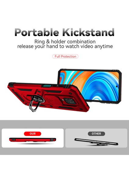 Xiaomi Redmi Note 9s/9 Pro/9 Pro Max Için Halka Ayaklı ve Kayar Kamera Kapaklı Telefon Kılıf - Kırmızı (Yurt Dışından)