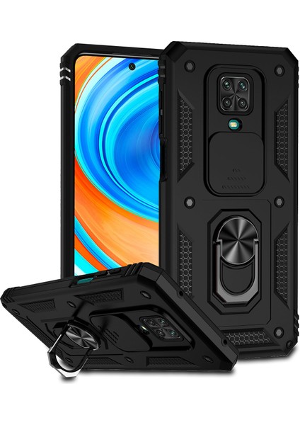 Xiaomi Redmi Note 9s/9 Pro/9 Pro Max Için Halka Ayaklı ve Kayar Kamera Kapaklı Telefon Kılıf - Siyah (Yurt Dışından)