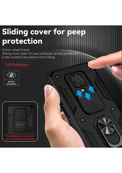 Xiaomi Redmi Note 9s/9 Pro/9 Pro Max Için Halka Ayaklı ve Kayar Kamera Kapaklı Telefon Kılıf - Siyah (Yurt Dışından)