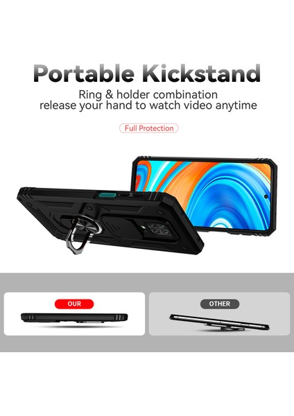 Xiaomi Redmi Note 9s/9 Pro/9 Pro Max Için Halka Ayaklı ve Kayar Kamera Kapaklı Telefon Kılıf - Siyah (Yurt Dışından)