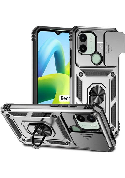 Xiaomi Redmi A1 / A1+ Için Halka Ayaklı ve Kayar Kamera Kapaklı Telefon Kılıf - Gümüş (Yurt Dışından)
