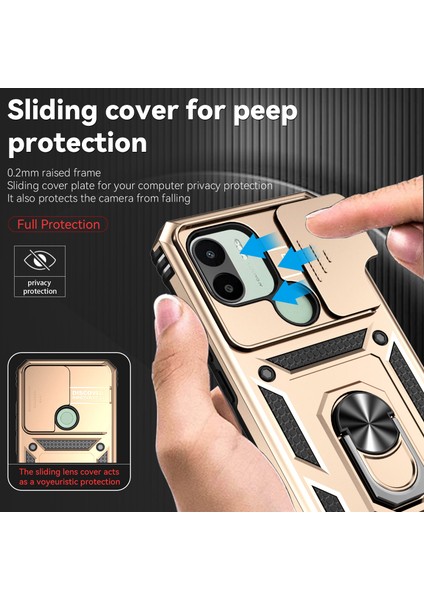 Xiaomi Redmi A1 / A1+ Için Halka Ayaklı ve Kayar Kamera Kapaklı Telefon Kılıf - Altın (Yurt Dışından) fiyatları