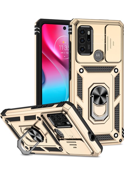 Motorola Moto G60S Için Halka Ayaklı ve Kayar Kamera Kapaklı Telefon Kılıf - Altın (Yurt Dışından)