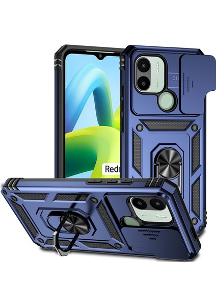 Xiaomi Redmi A1 / A1+ Için Halka Ayaklı ve Kayar Kamera Kapaklı Telefon Kılıf - Mavi (Yurt Dışından)