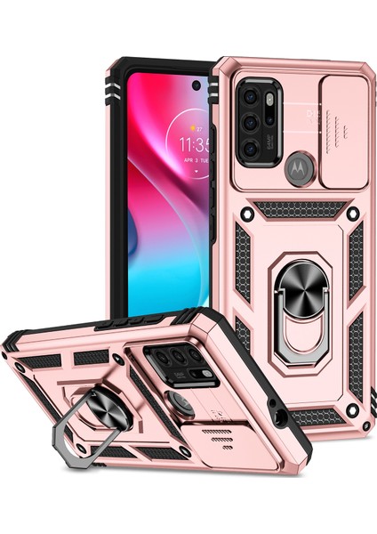 Motorola Moto G60S Için Halka Ayaklı ve Kayar Kamera Kapaklı Telefon Kılıf - Rose Gold (Yurt Dışından)