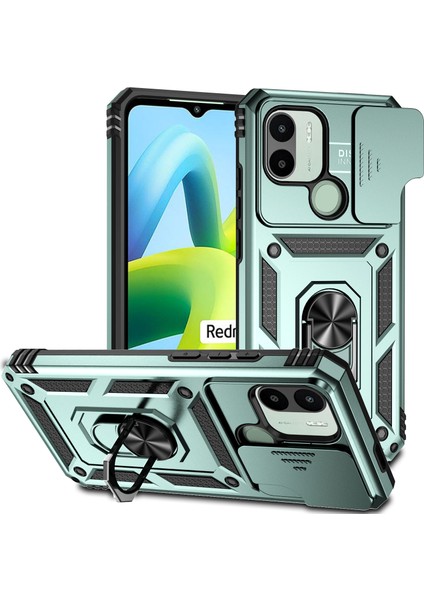 Xiaomi Redmi A1 / A1+ Için Halka Ayaklı ve Kayar Kamera Kapaklı Telefon Kılıf - Yeşil (Yurt Dışından)