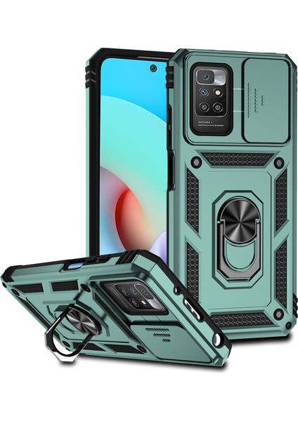 Xiaomi Redmi 10 Için Halka Ayaklı ve Kayar Kamera Kapaklı Telefon Kılıf - Yeşil (Yurt Dışından)