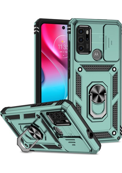 Motorola Moto G60S Için Halka Ayaklı ve Kayar Kamera Kapaklı Telefon Kılıf - Yeşil (Yurt Dışından)