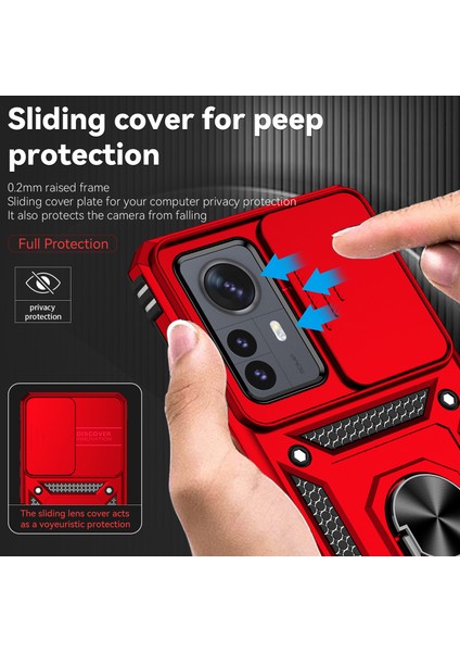 Xiaomi 12 Pro Için Halka Ayaklı ve Kayar Kamera Kapaklı Telefon Kılıf - Kırmızı (Yurt Dışından)