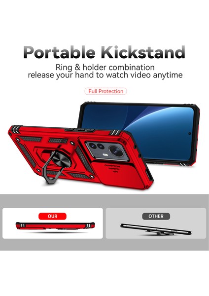 Xiaomi 12 Pro Için Halka Ayaklı ve Kayar Kamera Kapaklı Telefon Kılıf - Kırmızı (Yurt Dışından)