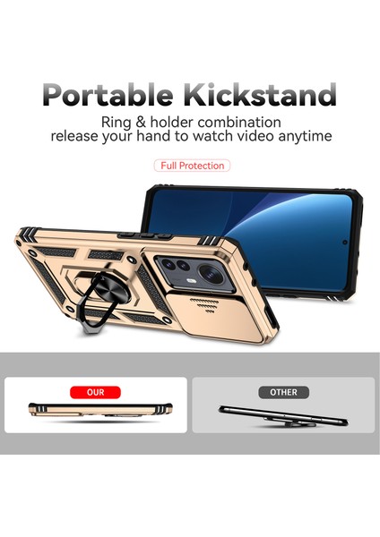 Xiaomi 12 Pro Için Halka Ayaklı ve Kayar Kamera Kapaklı Telefon Kılıf - Altın (Yurt Dışından)