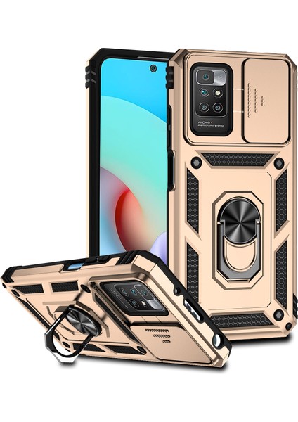 Xiaomi Redmi 10 Için Halka Ayaklı ve Kayar Kamera Kapaklı Telefon Kılıf - Altın (Yurt Dışından)