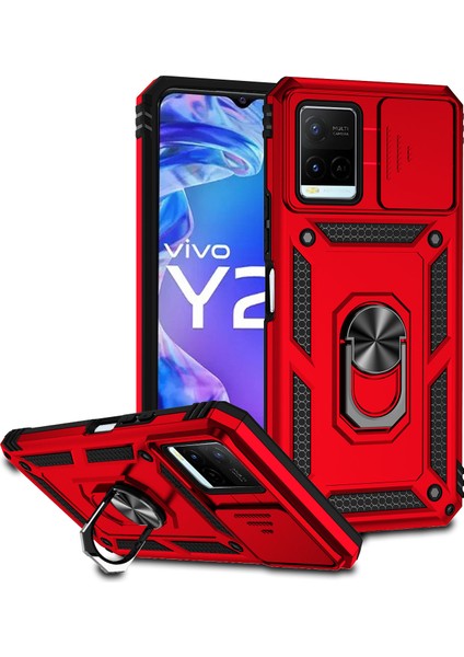 Vıvo Y21/Y33S Için Halka Ayaklı ve Kayar Kamera Kapaklı Telefon Kılıf - Kırmızı (Yurt Dışından)