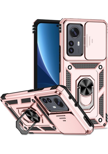 Xiaomi 12 Pro Için Halka Ayaklı ve Kayar Kamera Kapaklı Telefon Kılıf - Rose Gold (Yurt Dışından)