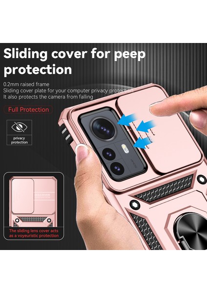 Xiaomi 12 Pro Için Halka Ayaklı ve Kayar Kamera Kapaklı Telefon Kılıf - Rose Gold (Yurt Dışından)