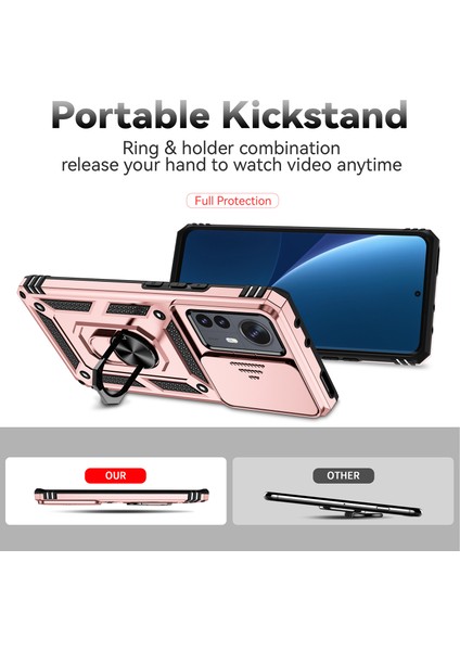 Xiaomi 12 Pro Için Halka Ayaklı ve Kayar Kamera Kapaklı Telefon Kılıf - Rose Gold (Yurt Dışından)