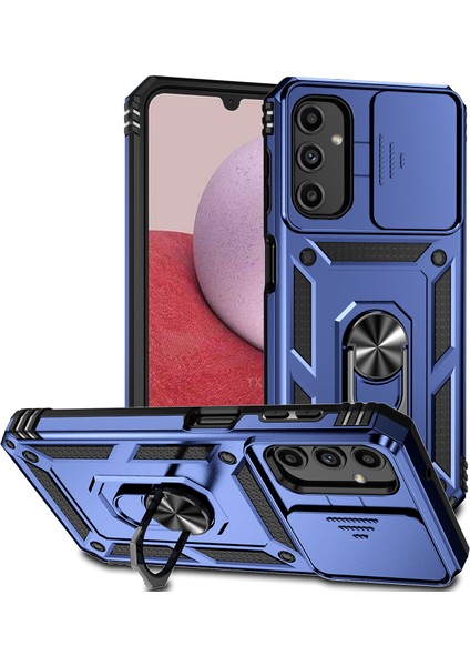 Samsung Galaxy A14 5g Için Halka Ayaklı ve Kayar Kamera Kapaklı Telefon Kılıf - Mavi (Yurt Dışından)