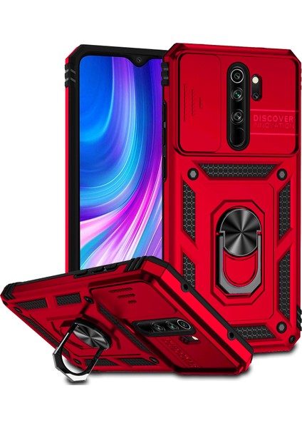 Xiaomi Redmi Note 8 Pro Için Halka Ayaklı ve Kayar Kamera Kapaklı Telefon Kılıf - Kırmızı (Yurt Dışından)