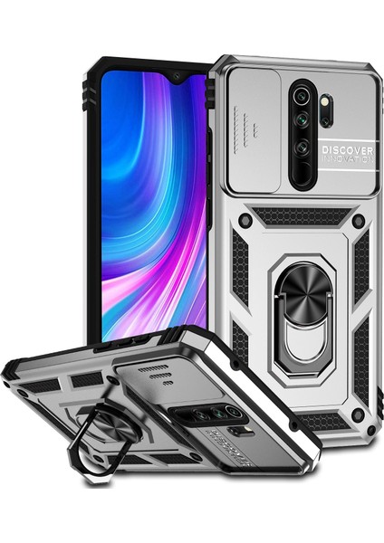 Xiaomi Redmi Note 8 Pro Için Halka Ayaklı ve Kayar Kamera Kapaklı Telefon Kılıf - Gümüş (Yurt Dışından)