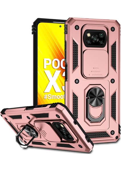 Xiaomi Poco X3 Nfc / X3 Pro Için Halka Ayaklı ve Kayar Kamera Kapaklı Telefon Kılıf - Rose Gold (Yurt Dışından)