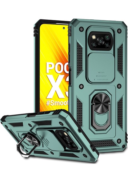 Xiaomi Poco X3 Nfc / X3 Pro Için Halka Ayaklı ve Kayar Kamera Kapaklı Telefon Kılıf - Yeşil (Yurt Dışından)