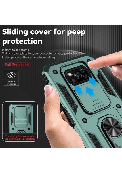 Xiaomi Poco X3 Nfc / X3 Pro Için Halka Ayaklı ve Kayar Kamera Kapaklı Telefon Kılıf - Yeşil (Yurt Dışından)