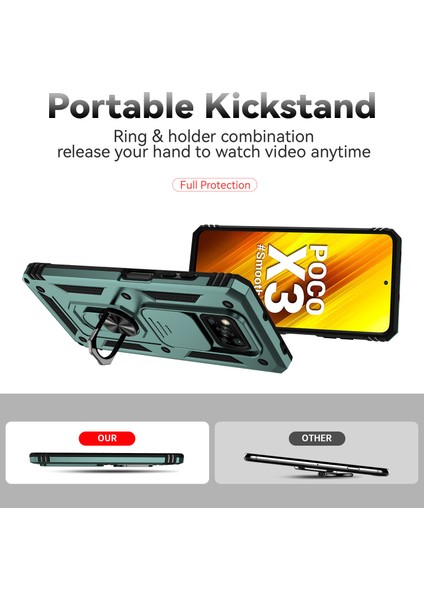 Xiaomi Poco X3 Nfc / X3 Pro Için Halka Ayaklı ve Kayar Kamera Kapaklı Telefon Kılıf - Yeşil (Yurt Dışından)
