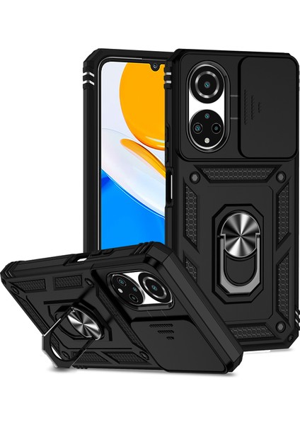 Honor X7 Için Halka Ayaklı ve Kayar Kamera Kapaklı Telefon Kılıf - Siyah (Yurt Dışından)